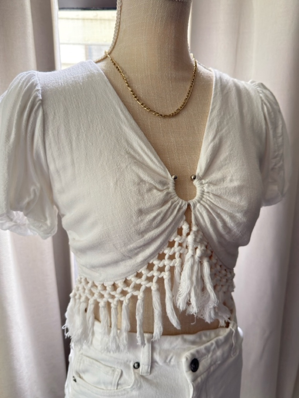 White Crochet Fringe Crop Top